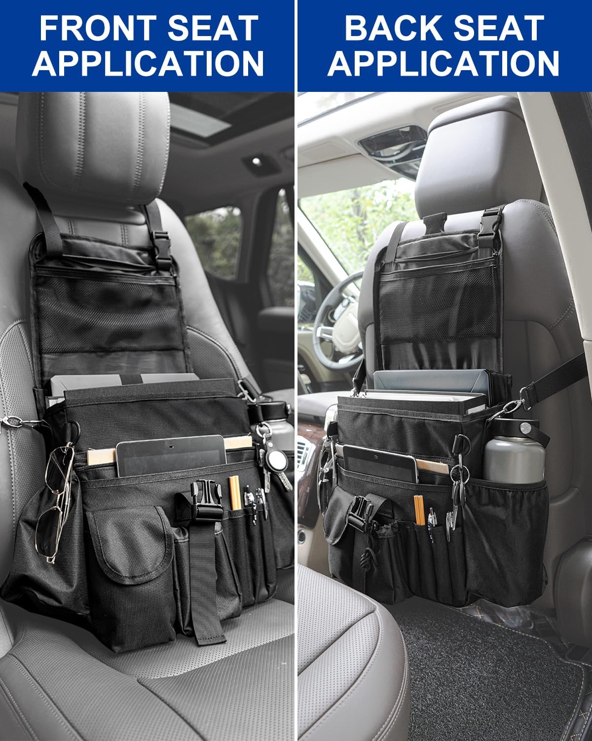 FifthQuarter Car Organizer Front Seat: Portable Large Capacity Car Organizers and Storage With Laptop Storage Adjustable Strap Seat Organizer Universal For Police | Driver | Office | Travel | Truck