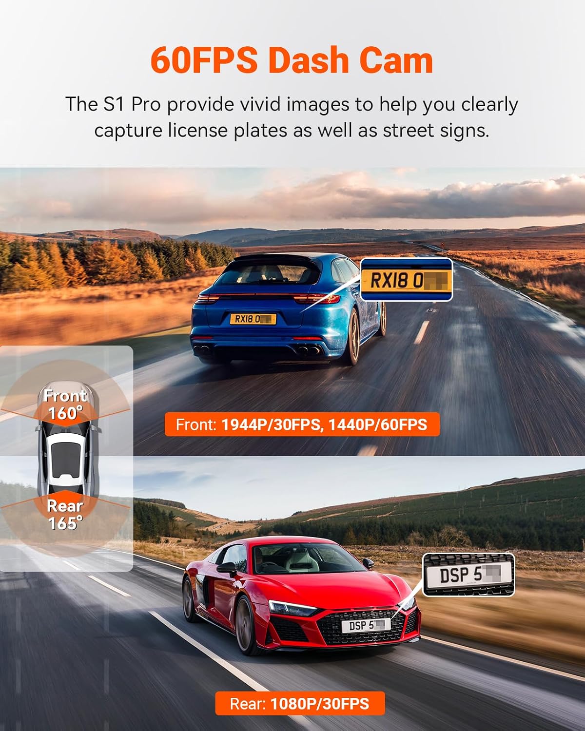 Vantrue S1 Pro 60fps Dash Cam Front and Rear, STARVIS 2 AI Dual Dash Cam