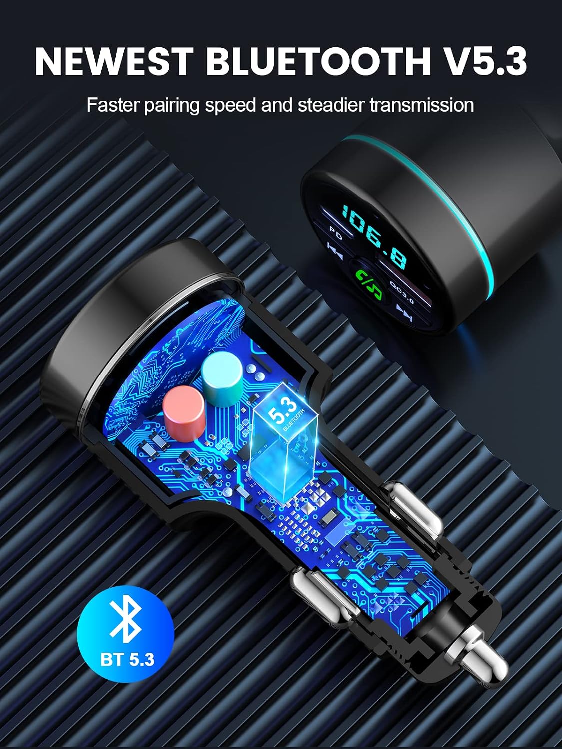 RIWUSI FM Transmitter for Car Bluetooth 5.3, [All-Metal] PD 30W & QC3.0 18W Fast Car Charger, Wireless FM Radio Kit Bluetooth Car Adapter, Noise Cancelling Hands-Free Call, Blue Light - Black
