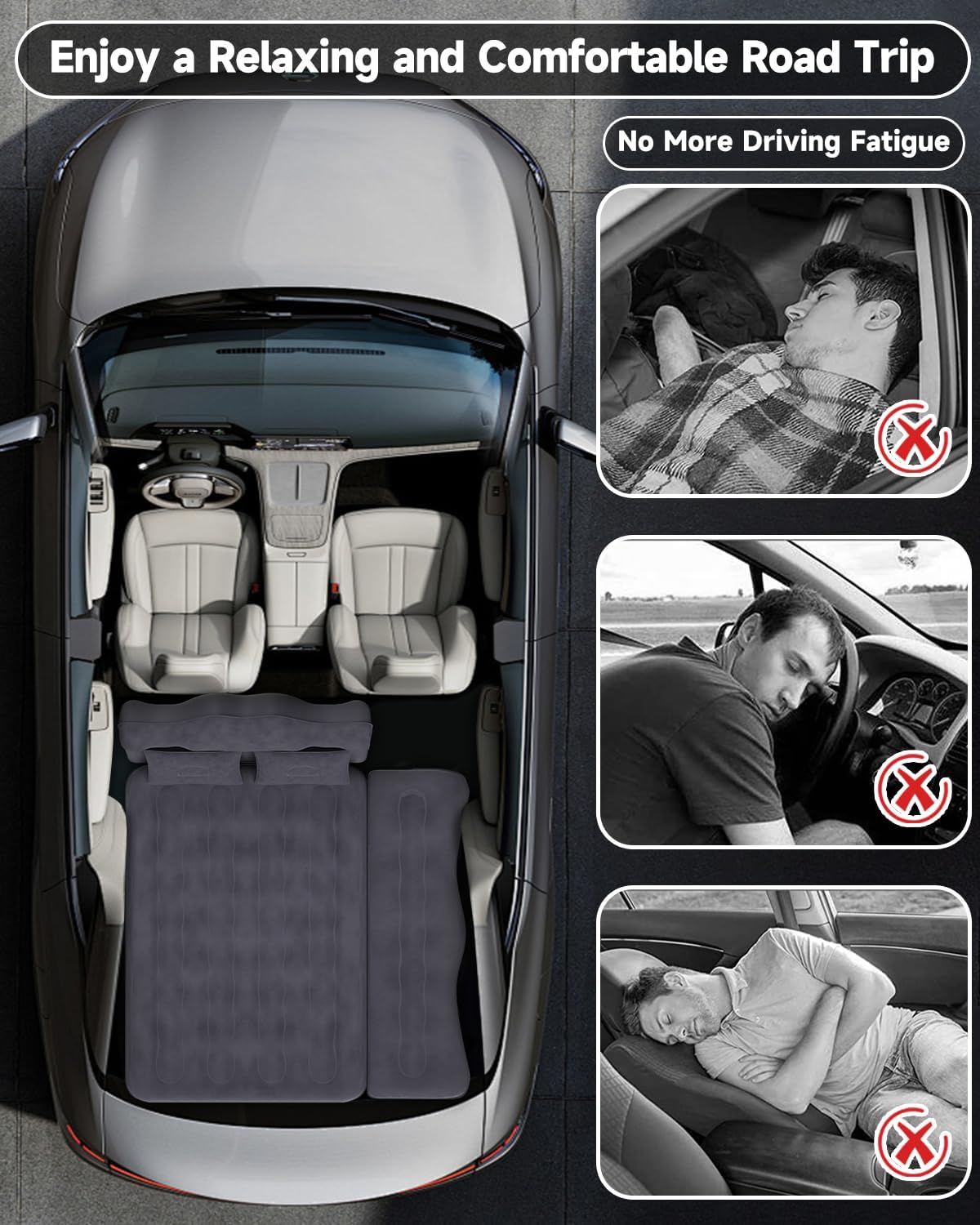 Umbrauto Car Air Mattress Bed: Inflatable SUV Camping Sleeping Pad for Truck Back Seat with Pump & Pillows, Blow Up Backseat Car Mattress for Van Rear Seat