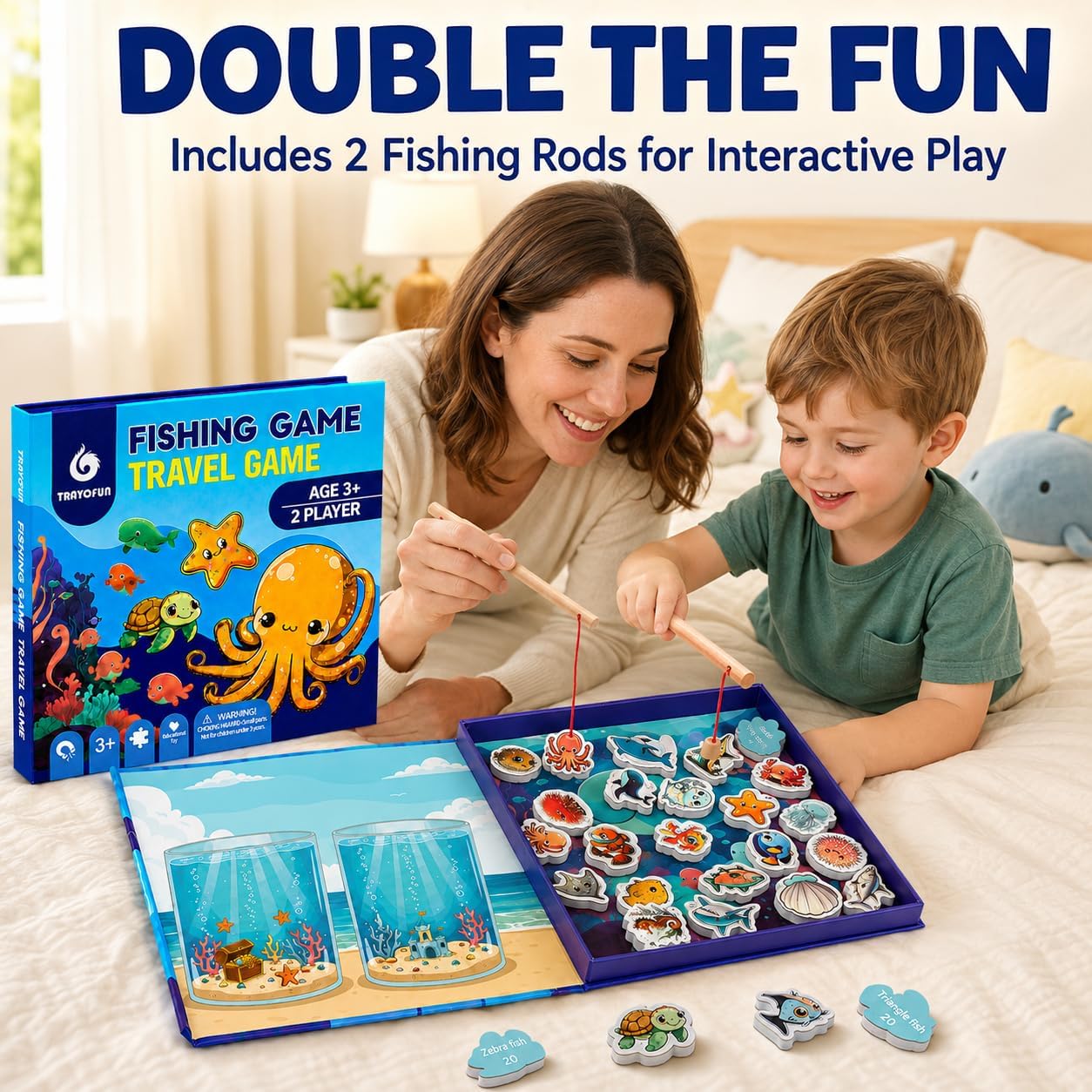 TRAVOFUN Magnetic Fishing Game Book for Kids Ages 3-8, Travel Toys for Toddlers 3-5, Road Trip and Airplane Activities, Quiet Portable Car Ride Toy with 2 Poles and 27 Ocean Fish