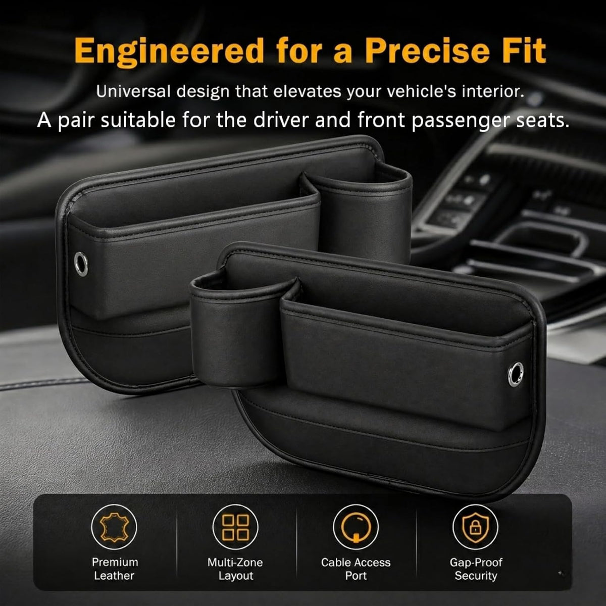 2 Pack Leather Car Seat Gap Organizer Filler with Cup Holder | PVC Leather Seat Gap Filler, Universal Front Seat Storage Box for Cell Phones, Wallets, Keys, Cards, Interior Accessories