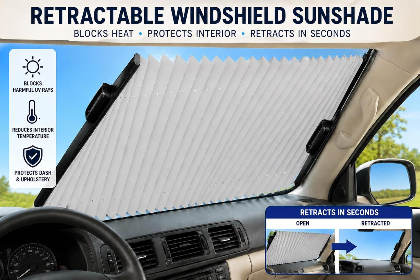 Dash Designs 25" Retractable Windshield Sunshade - Car & Truck Windshield Shade for SUVs, Pickups & Sedans, Accordion Retractable Design, UV Protection, Heat Blocking Sun Shade