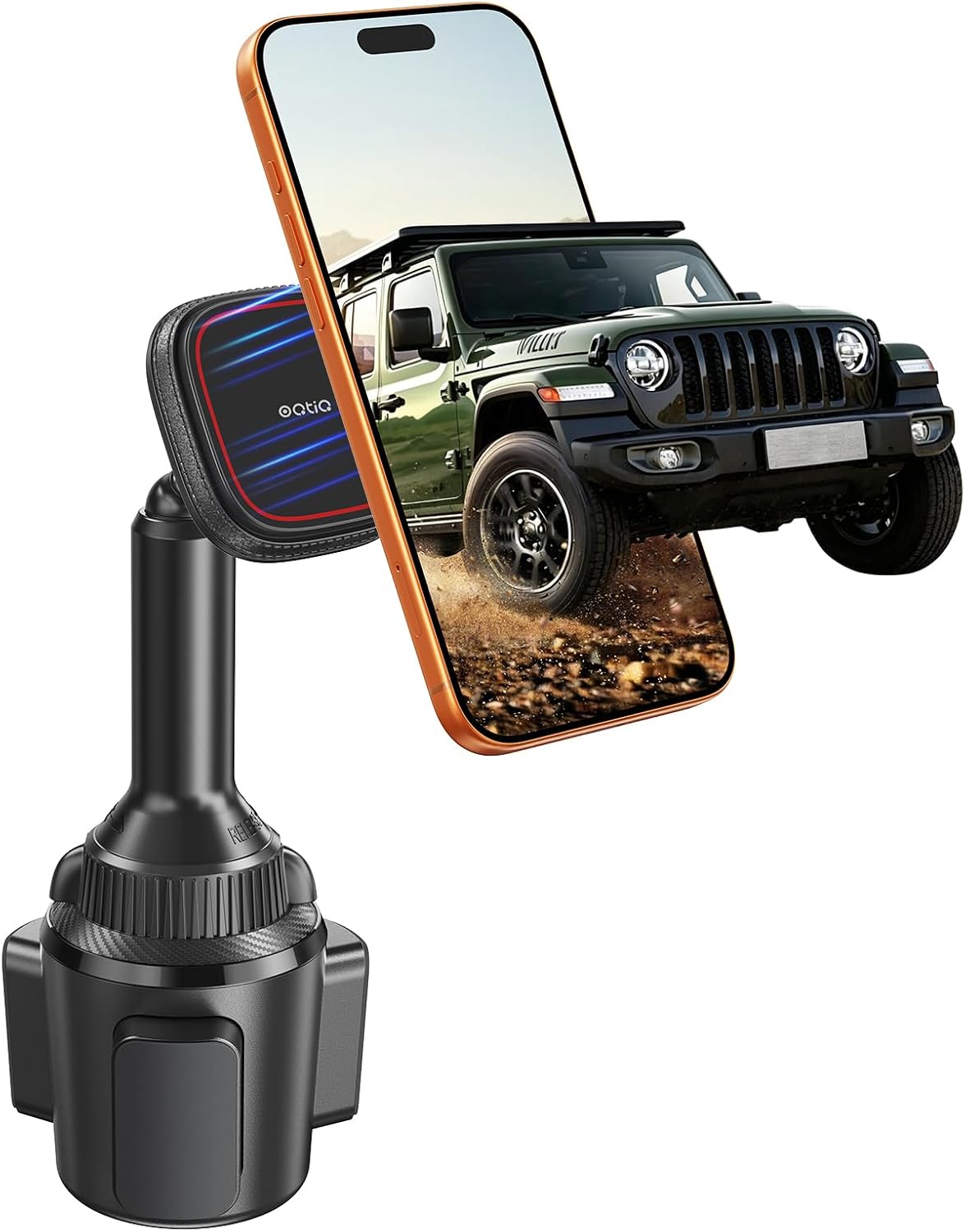 OQTIQ Magnetic Phone Cup Holder for Car - Adjustable Height & Multi-Angle - One-Hand Operation - Compatible with Samsung, Google, & More - Black, Not for MagSafe