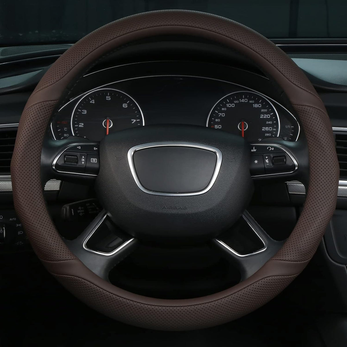 ALEMODR Brown Leather Steering Wheel Cover Universal 15 inch