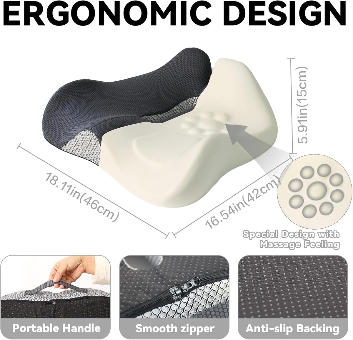 18x16 Inch Grey and Black Memory Foam Seat Cushion for Office Chair, Car Seat and Travel, Contoured Chair Pad with Removable Cover, Non-Slip Bottom and Carry Handle