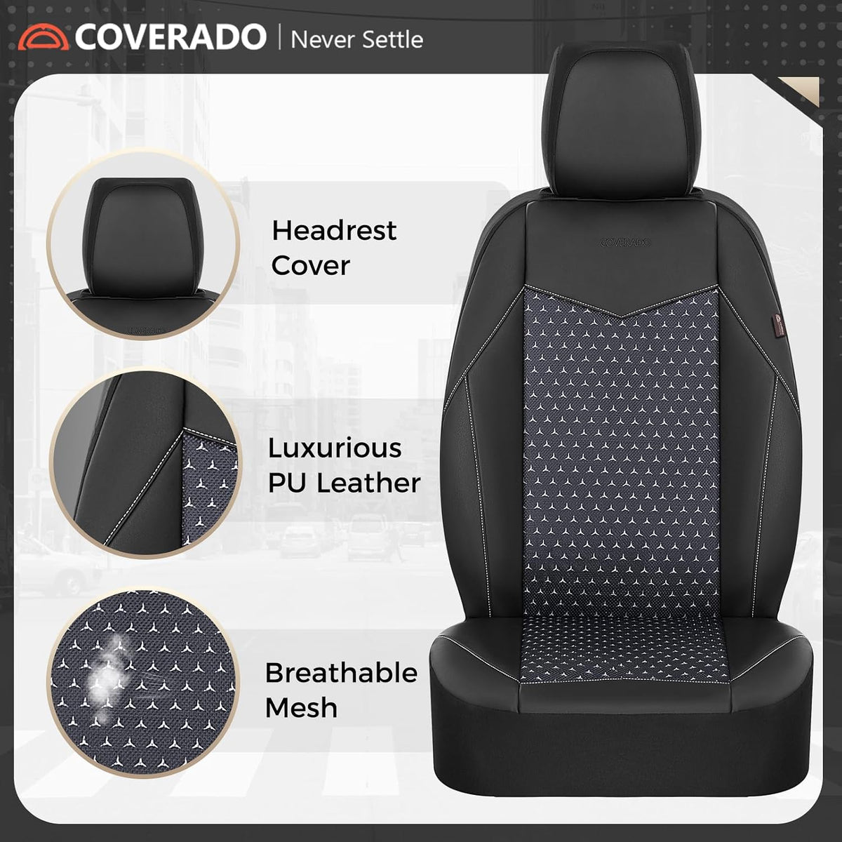 Coverado Front Seat Covers, Breathable Mesh & Leather Car Seat Protectors, Black Driver Seat Cover, Car Seat Cushions, Universal Automotive Seat Covers Fit for Most Sedans SUV Truck, Black