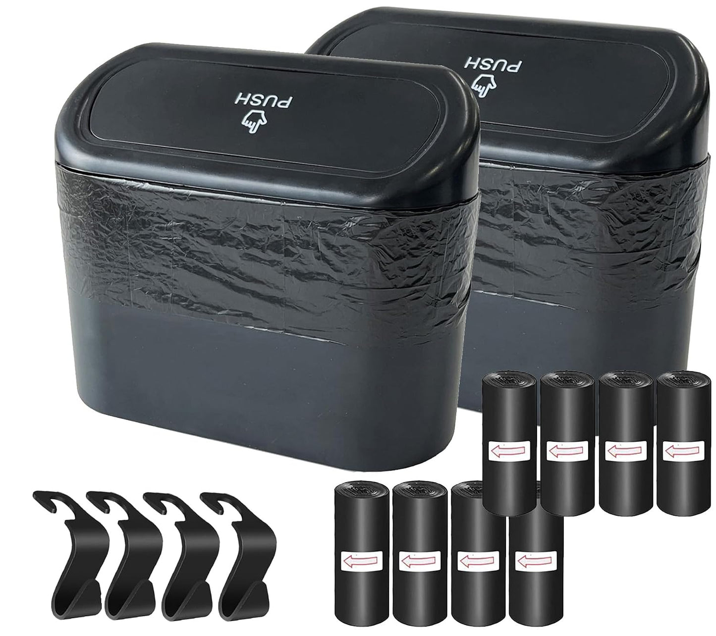 2 Pack Car Trash Can with Lid+4 PCS Car Hooks, Mini Auto Dustbin Trashcan | Includes 120 pcs Trash Bags, Automotive Storage Container Garbage Organizer, Multipurpose Trash Bin for Vehicle, Home, Office