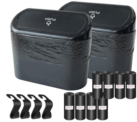 2 Pack Car Trash Can with Lid+4 PCS Car Hooks, Mini Auto Dustbin Trashcan | Includes 120 pcs Trash Bags, Automotive Storage Container Garbage Organizer, Multipurpose Trash Bin for Vehicle, Home, Office