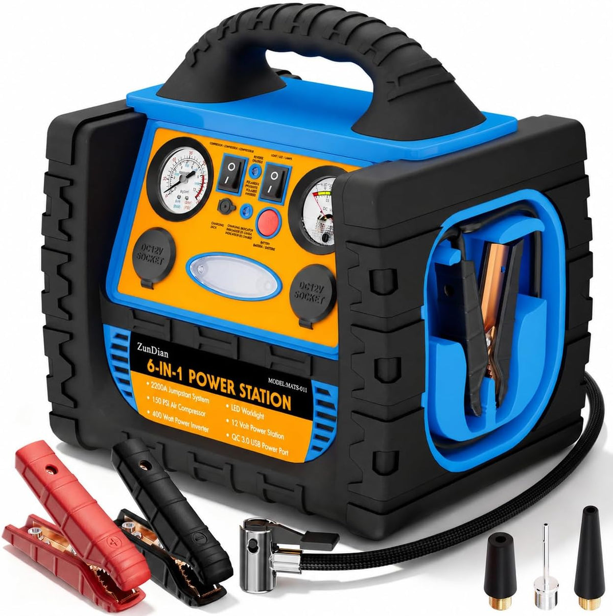 Car Jump Starter with Air Compressor, 2200A Battery Booster Pack for Up to 8.5L Gas & 8.0L Diesel, 150PSI Tire Inflator, 400W Portable Power Station with AC Outlet, 6-in-1 Jump Box for Cars, Trucks