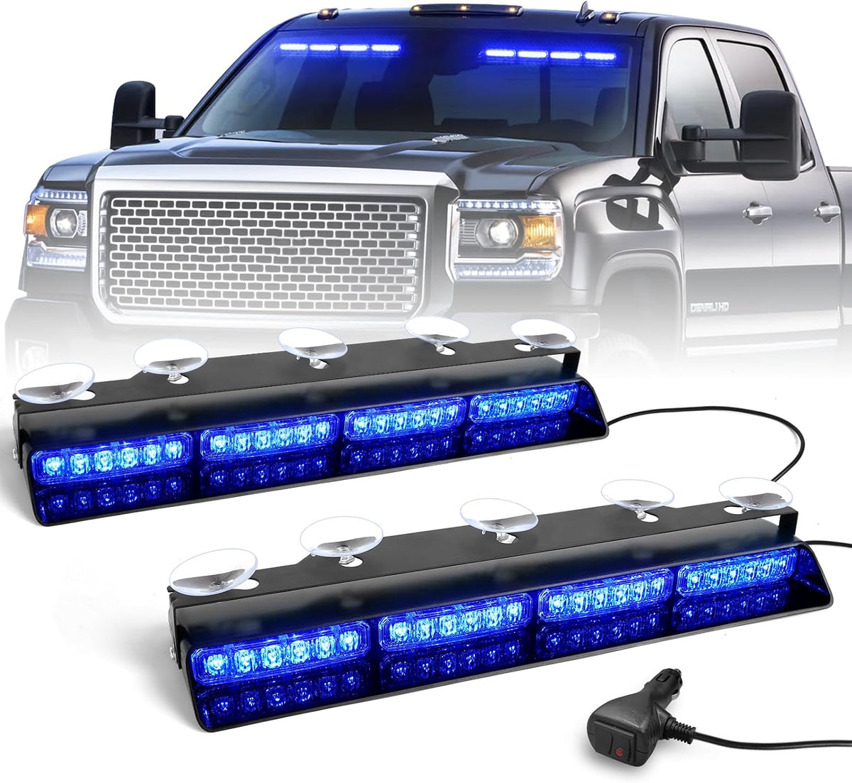 HLauto 6Z4J Emergency Dash Strobe Lights: 2x16.8 inch Red Blue Safety Lights, 48 LED Flashing Warning Hazard Interior Windshield Visor Traffic Light Bar for Trucks, Construction Vehicles