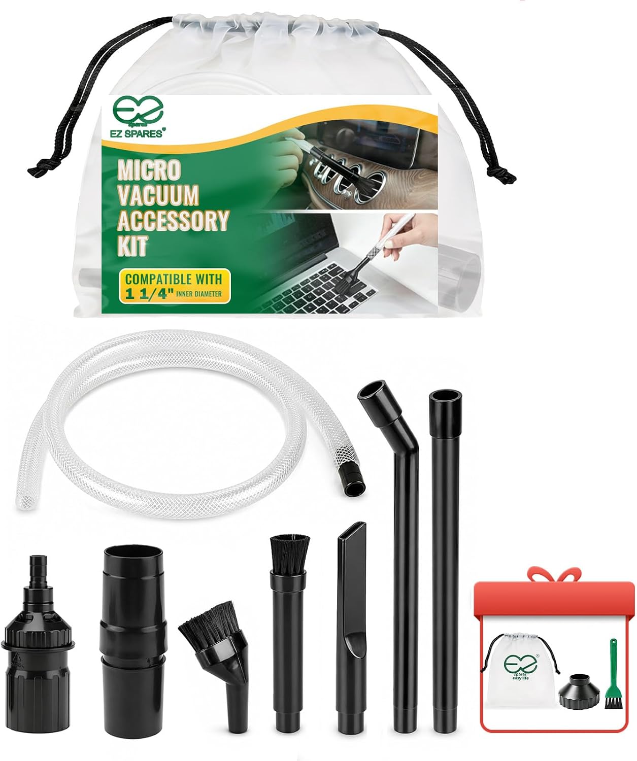 EZ SPARES Crevice Attachment Kit, Compatible with 1-1/4 Inch Vacuum,Micro Cleaning Tools for Keyboard, Crevice, Car, Vents & Tight Spaces, Woodworking,Pet Cleaning, with Storage Bag+Boost Suction