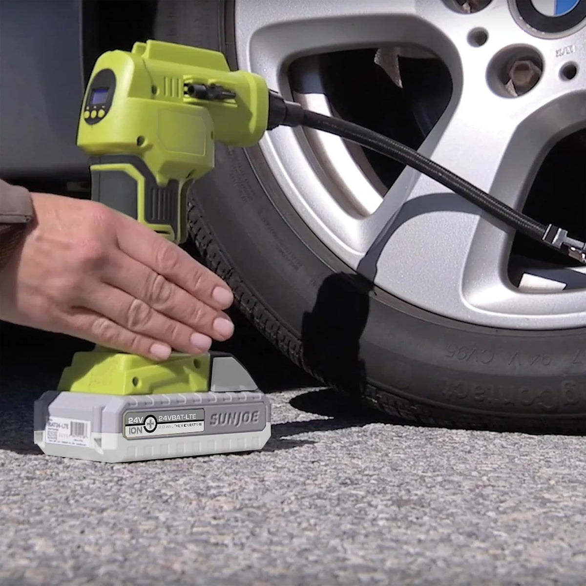 Sun Joe Cordless Tire Air Inflator and Compressor Kit w/ 2.0-Ah Battery, Charger and Nozzle Adapters - Portable Battery-Powered Inflating Tool for Car Wheels, Pools, and Bikes, IONMAX 24V-AJC-LTE