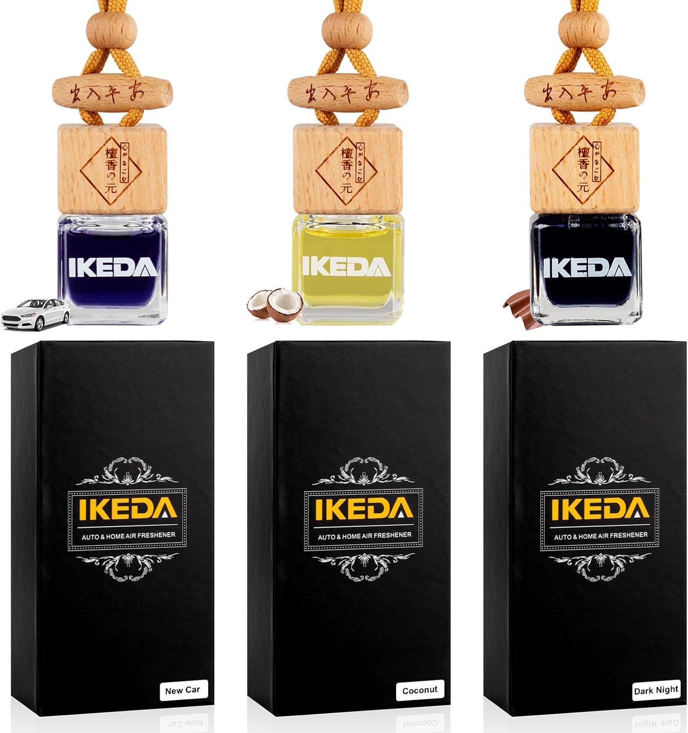 Ikeda Car Air Freshener, Hanging Essential Oil Diffuser For Automotive, 45+ days Long Lasting Fragrance, Includes: Dark Night and Coconut and New Car (10ml Pack of 3)
