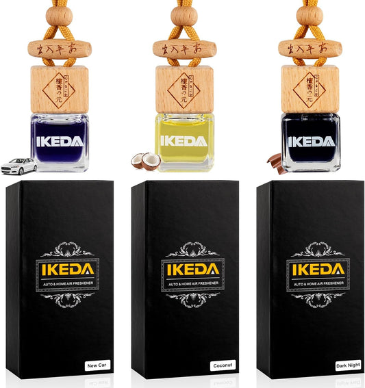 Ikeda Car Air Freshener, Hanging Essential Oil Diffuser For Automotive, 45+ days Long Lasting Fragrance, Includes: Dark Night and Coconut and New Car (10ml Pack of 3)