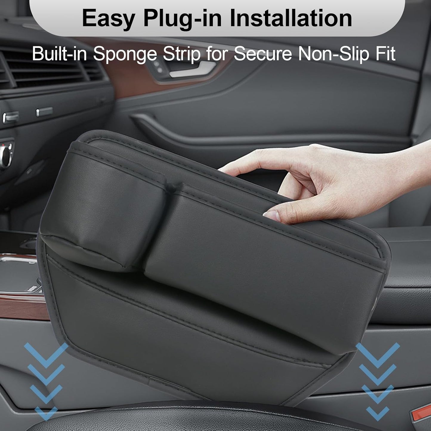 TPQKA Car Seat Gap Filler with Cup Holder (2-Pack) for Driver & Passenger Side, PU Leather Seat Gap Plug Organizer for Phones Keys Cards, Universal Fit for Cars SUVs Trucks, Black
