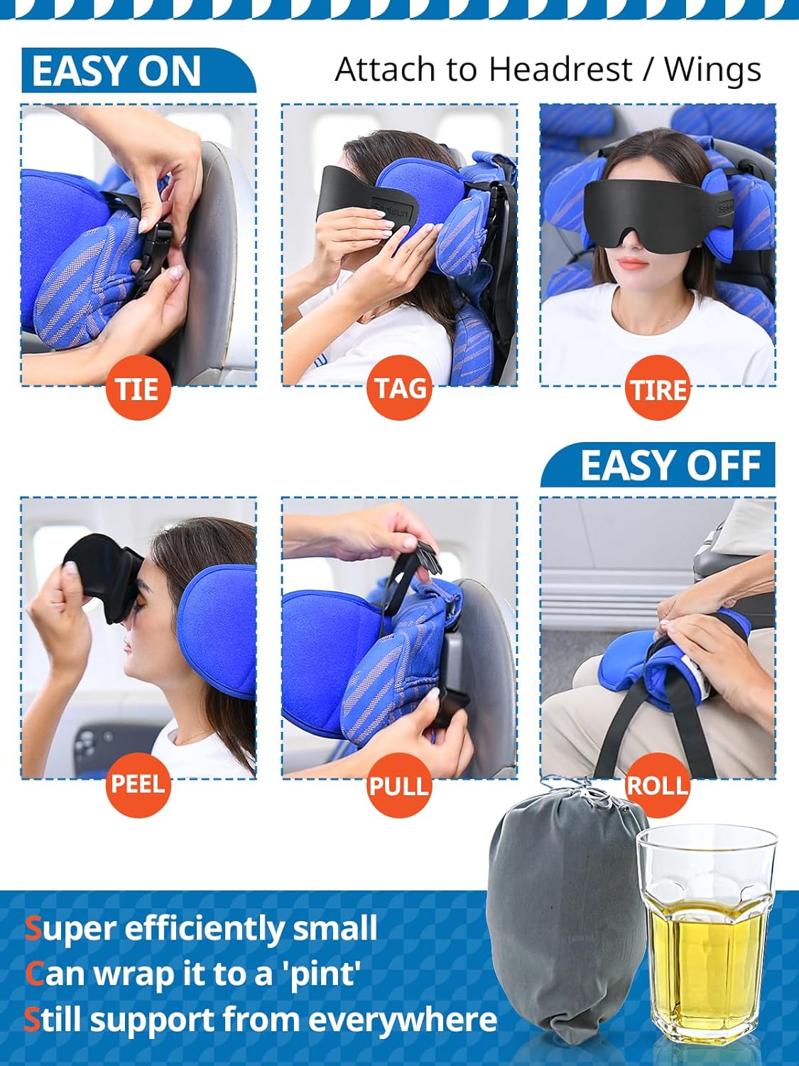 SARISUN Travel Pillows for Airplanes, Airplane Pillow for Long Flight Car Road Trip, Airplane Head Strap with Sleep Eye Mask, 360° Support Headrest, Stop Bobblehead Travel Neck Pillow, Mottled Black