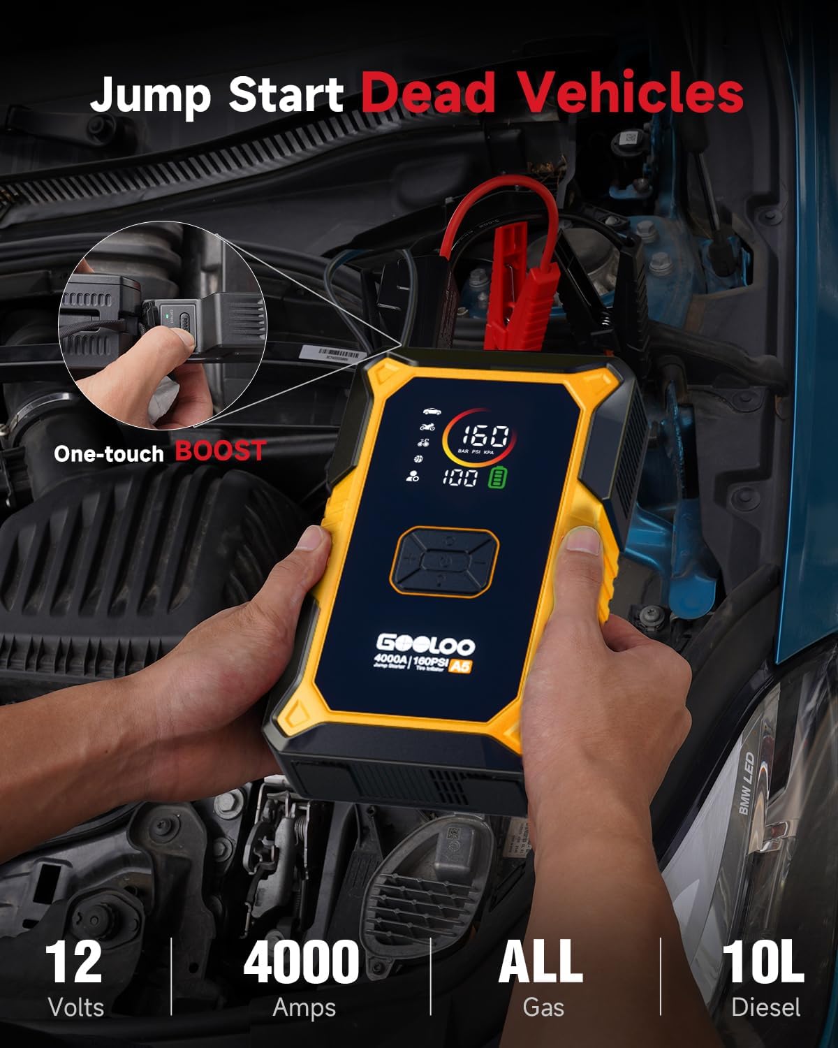 GOOLOO A5 Jump Starter with Air Compressor, 4000A Car Battery Booster