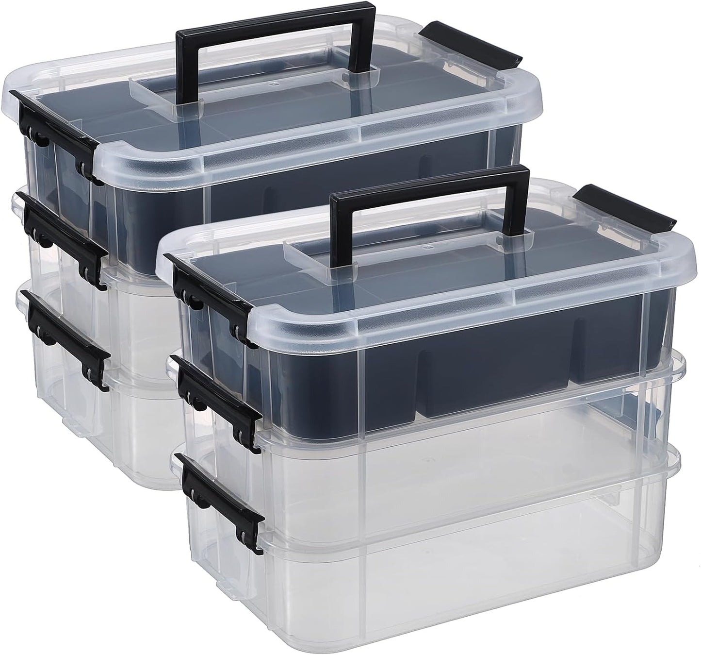 JUXYES 3-Tiers Plastic Stack Carry Storage Containers Box wih Handle Lids | 2 Pack Clear Stackable Craft Organizers and Storage Bin with Tray for Organizing Stationery, Sewing, Art Craft, DIY Supplies