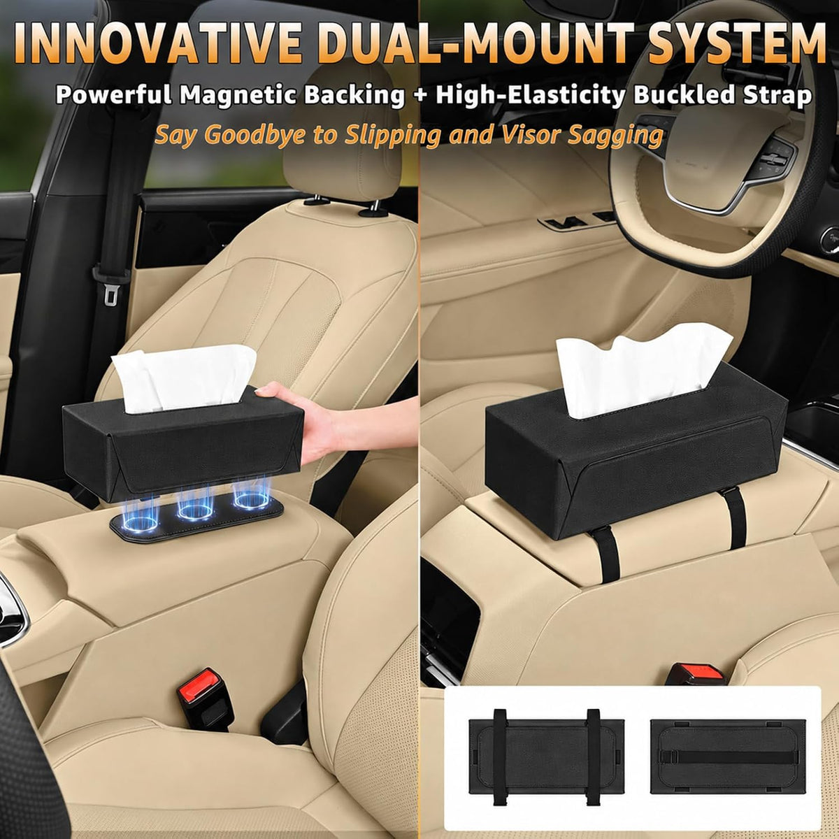 Car Tissue Holder with Magnetic & Strap Mount, Black, 1 Pack