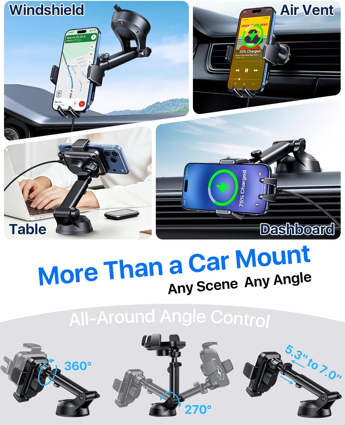 YRU 【Auto-Clamping & 90+LBS Strong Suction 15W Wireless Car Charger Mount