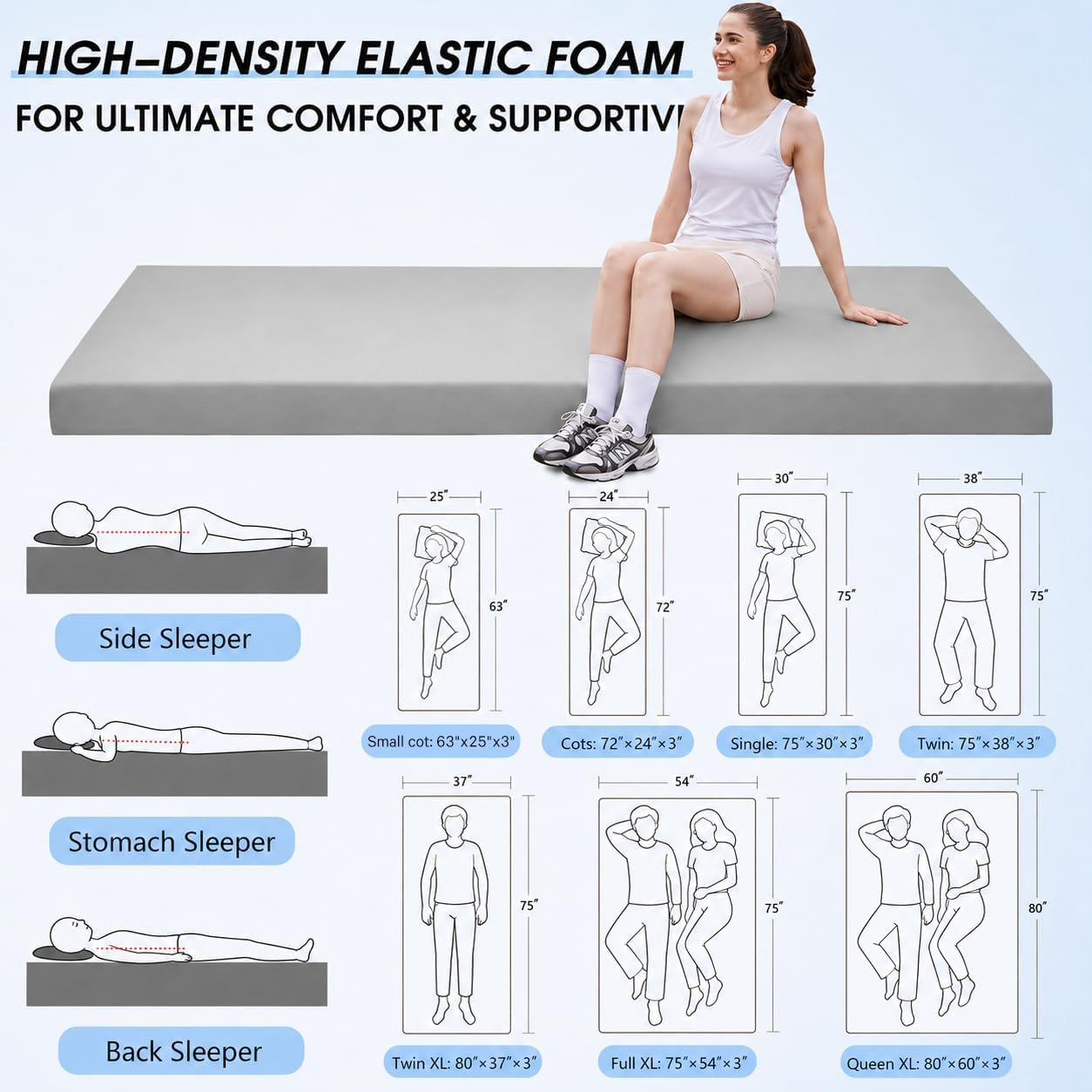CYMULA 3 Inch Memory Foam Camping Pad, Camping Essentials Roll Up Floor Mat for Car Camping, Cot, Tent, Truck, Travel and Guest Use, Non-Slip Waterproof Bottom, Removable Cover