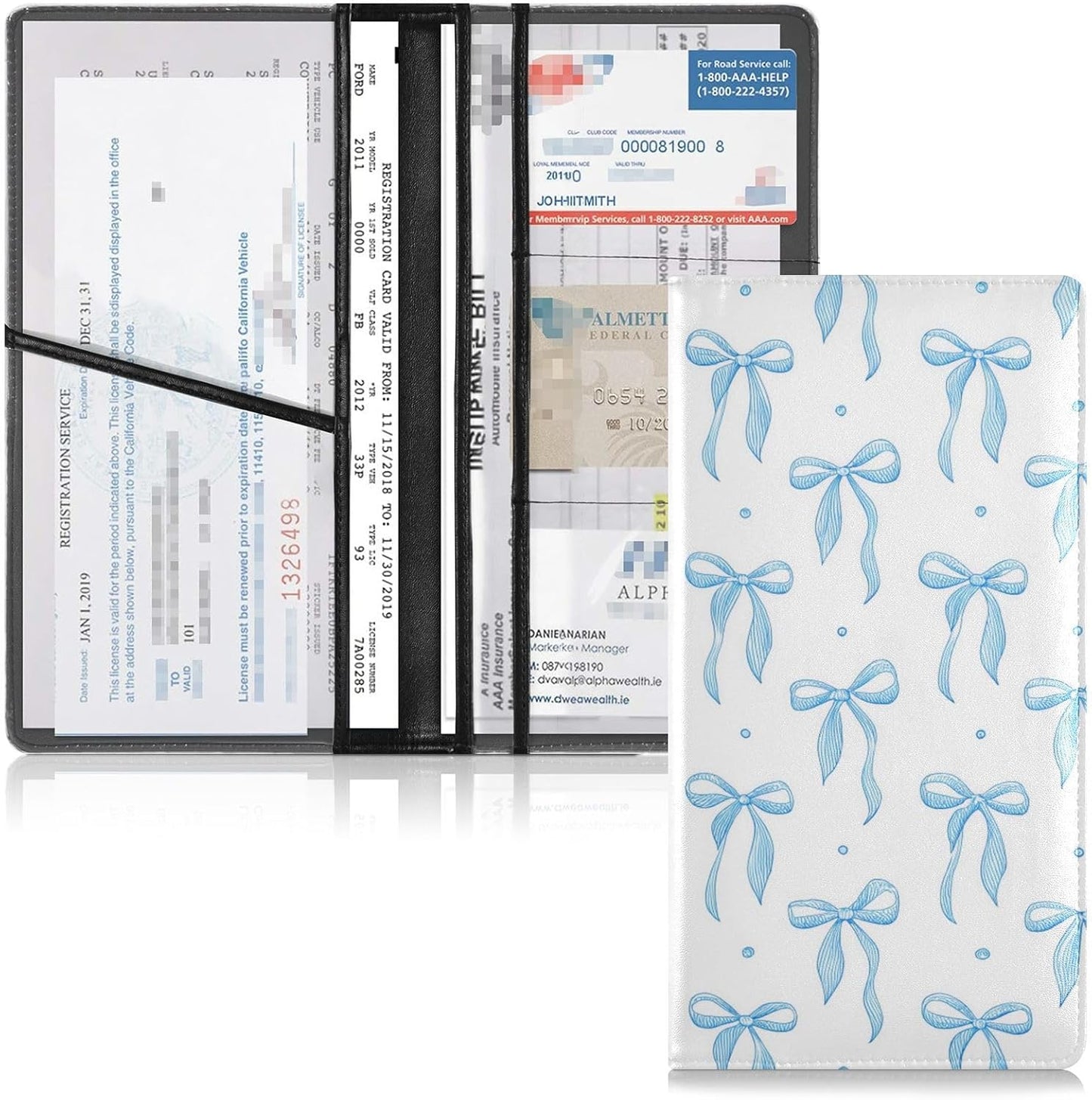 Blue Ribbon Bow Car Registration and Insurance Holder Glove Box Organizer Leather Vehicle Essential Document Card Wallet Accessories Case
