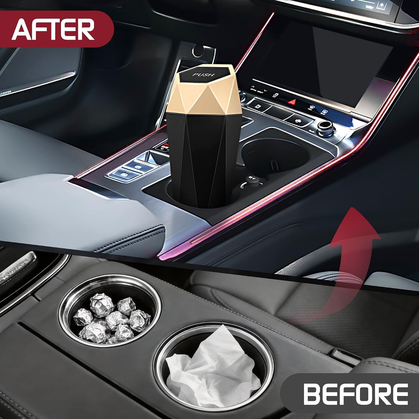 Car Trash Can with Lid, Mini Car Trash Cup with 30 Additional Trash Bags, Car Accessories for Interior, Leakproof Vehicle Garbage Bin for Car, Home, Office - 2 Packs, Gold