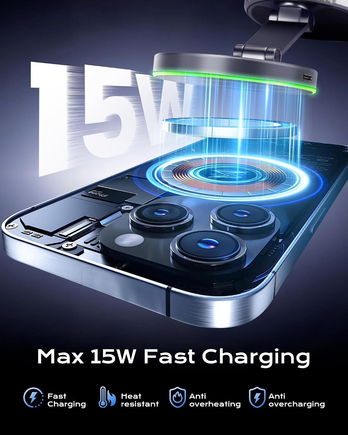 MagSafe Car Charger Mount, 15W Fast Wireless Charging Phone Holder, 108LB Vacuum Suction Cup & 3800gf Strong Magnet, 360° Adjustable Dashboard Windshield Mount for iPhone 17 Pro Max/17 Air/16-12