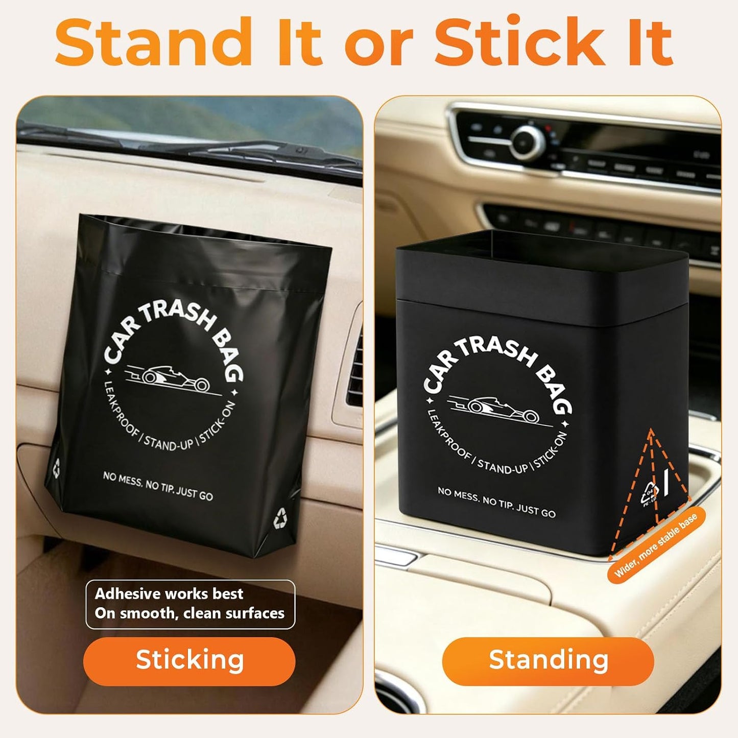 COZILO Disposable Car Trash Bags, 60 Count Stand-Up & Stick-On Car Garbage Bags, 2 Gallon Leakproof Odor Seal Heavy Duty Car Trash Can Alternative for Car SUV Truck