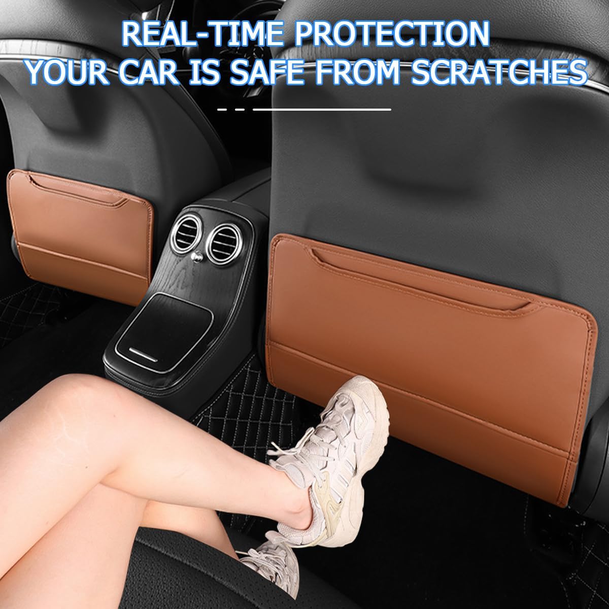 Zpana 2PCS Car Kick Mat Back Seat Protector, Microfiber Leather Vehicle Back Seat Cover with Storage Pocket, Automotive Backseat Anti-Kick Pad for Kids Pets, Universal for Truck SUV RV (Light Brown)