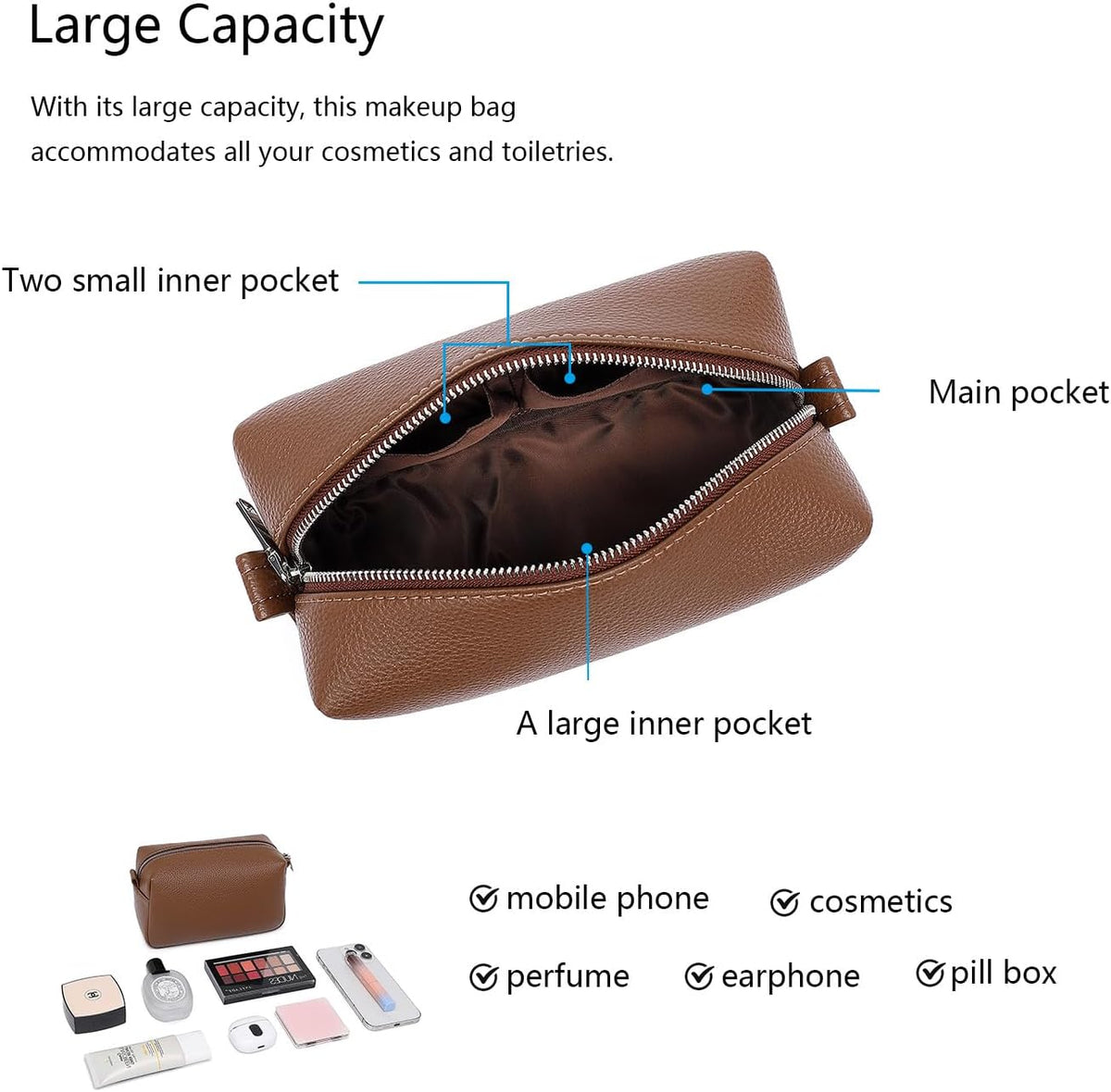 Travel Makeup Bag, Ring Clasp Wristlet Organizer (Toffee Brown)