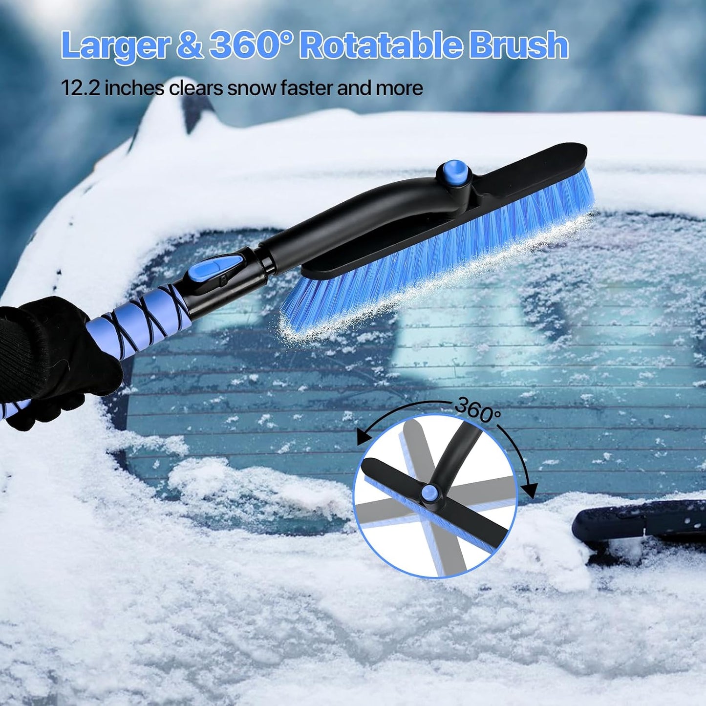 44" Snow Brush and Ice Scrapers Detachable, 360° Pivoting Soft Bristle Head,Foam Grip, for Car,Trucks,or SUV Window & Windshield Tool