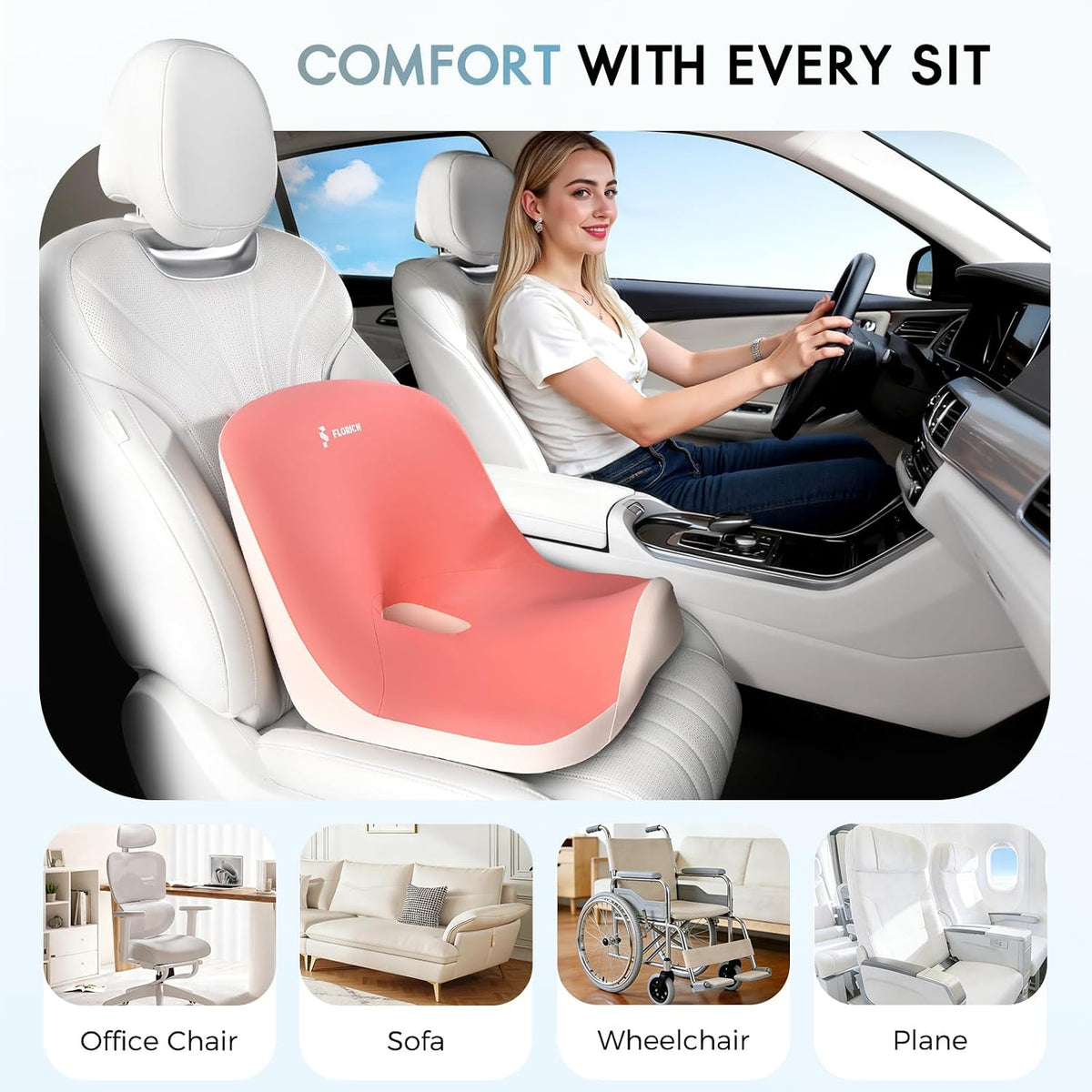 Car Seat Cushion and Lumbar Support Pillow, Larger Memory Foam Seat Cushion, Ergonomic L-Shaped Design Cushion for Back Pain Relief, Non-Slip Driving Cushion for Car, Office, Truck, Gifts for Mom-Pink