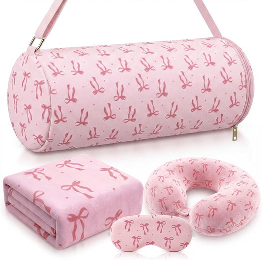 Moukeren 4 Pcs Pink Bow Travel Pillow and Blanket Set Memory Foam Neck Pillow Flannel Blanket Eye Mask Pink Bow Storage Bag for Airplane Essentials Car Train Travel for Girls Women Sleeping