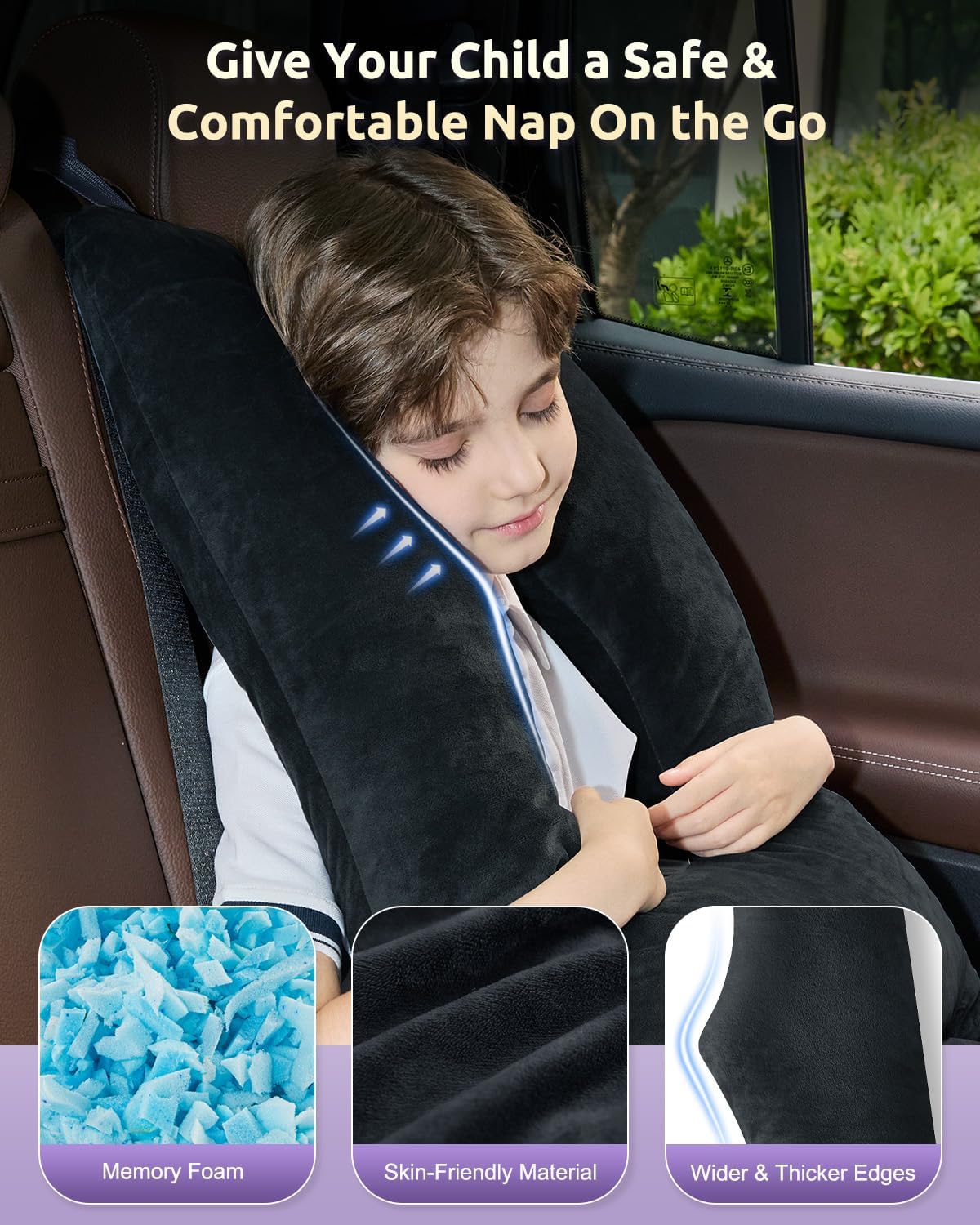 Car Pillow for Kids Travel Pillow with Adjustable Strap, Kids Floor Pillows Cushions for Adults and Children to Support Head and Body Road Trip Essentials(Metal Black)