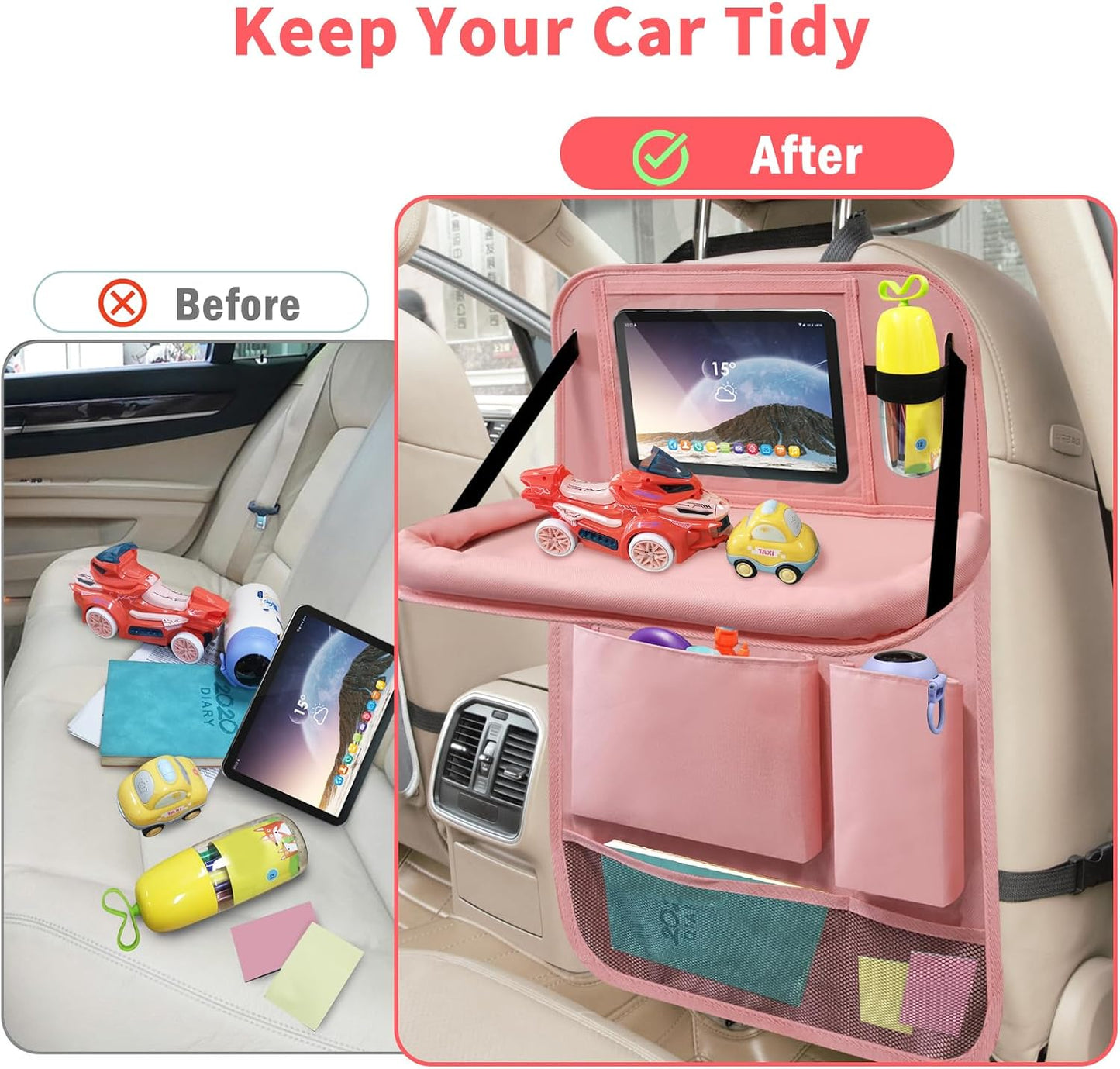 Car Backseat Organizer with Tray, Seat Back Table Holder with 6 Storage Pockets, Car Seat Back Protectors Kick Mats Travel Accessories, 2 Pack Pink