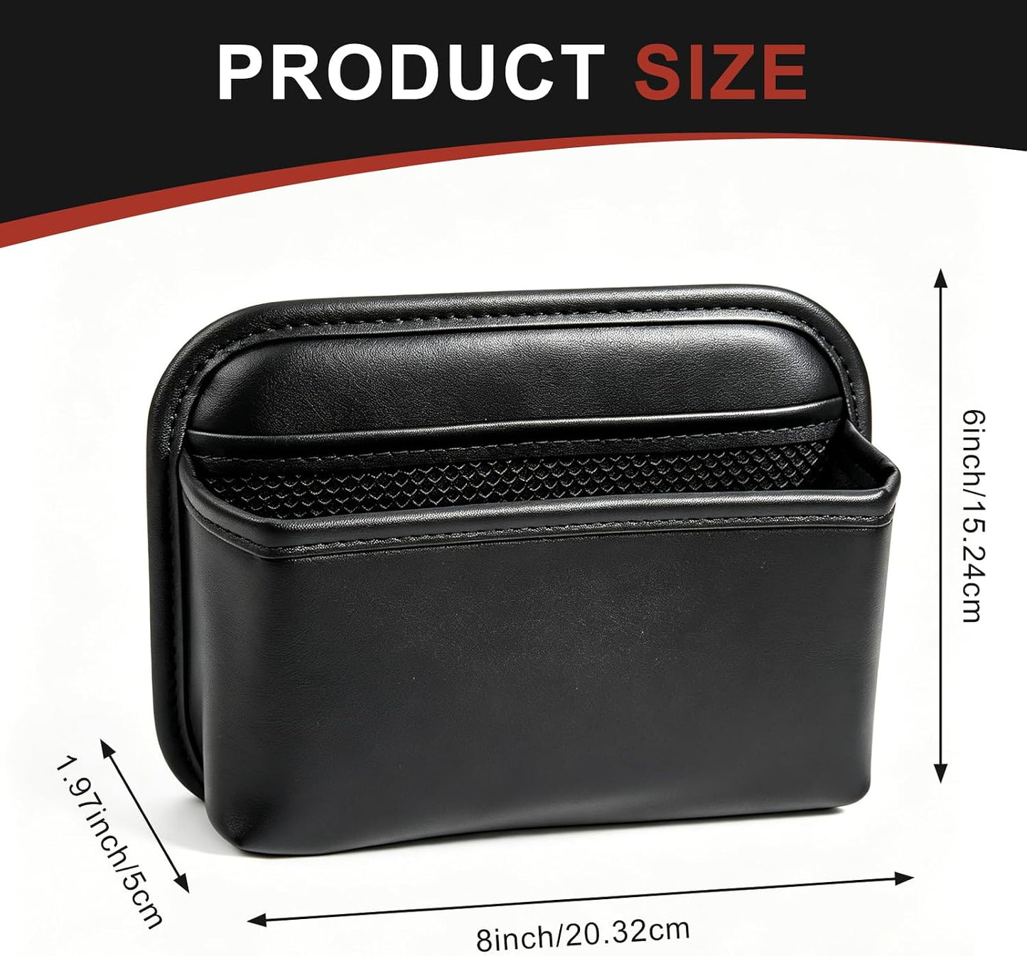 Car Seat Side Organizer, PU Leather Adhesive Storage Pocket, Car & Truck Interior Accessories, Auto Door Console Gap Filler, Sunglass Holder & Phone Pouch for Keys, Wallet, Cards, Pen, Black