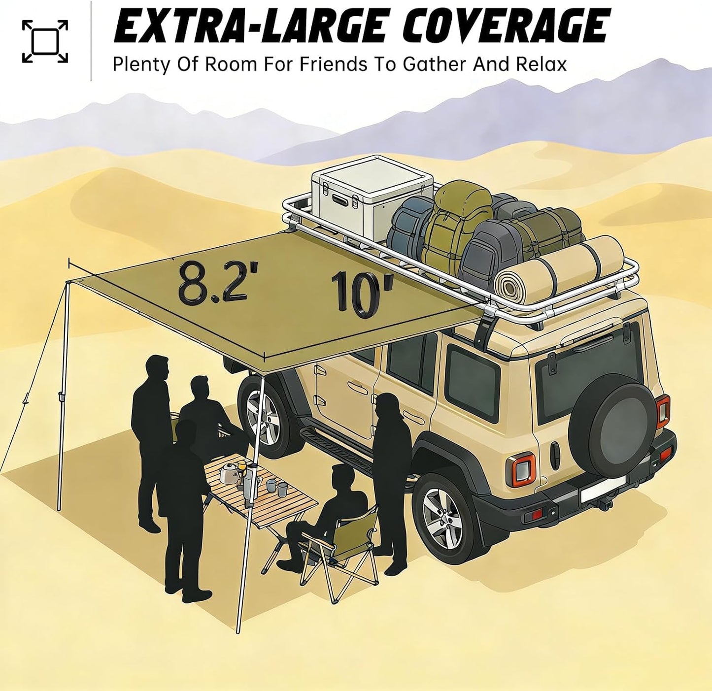 Vehicle Awning 8.2'x10' - Car Awning Roof Rack Pullout Sun Shade, Upgraded Twist-Lock Aluminum Poles, Vehicle 4x4 Side Canopy for SUV Truck Van Overlanding Camping, UV50+ PU10000mm Waterproof