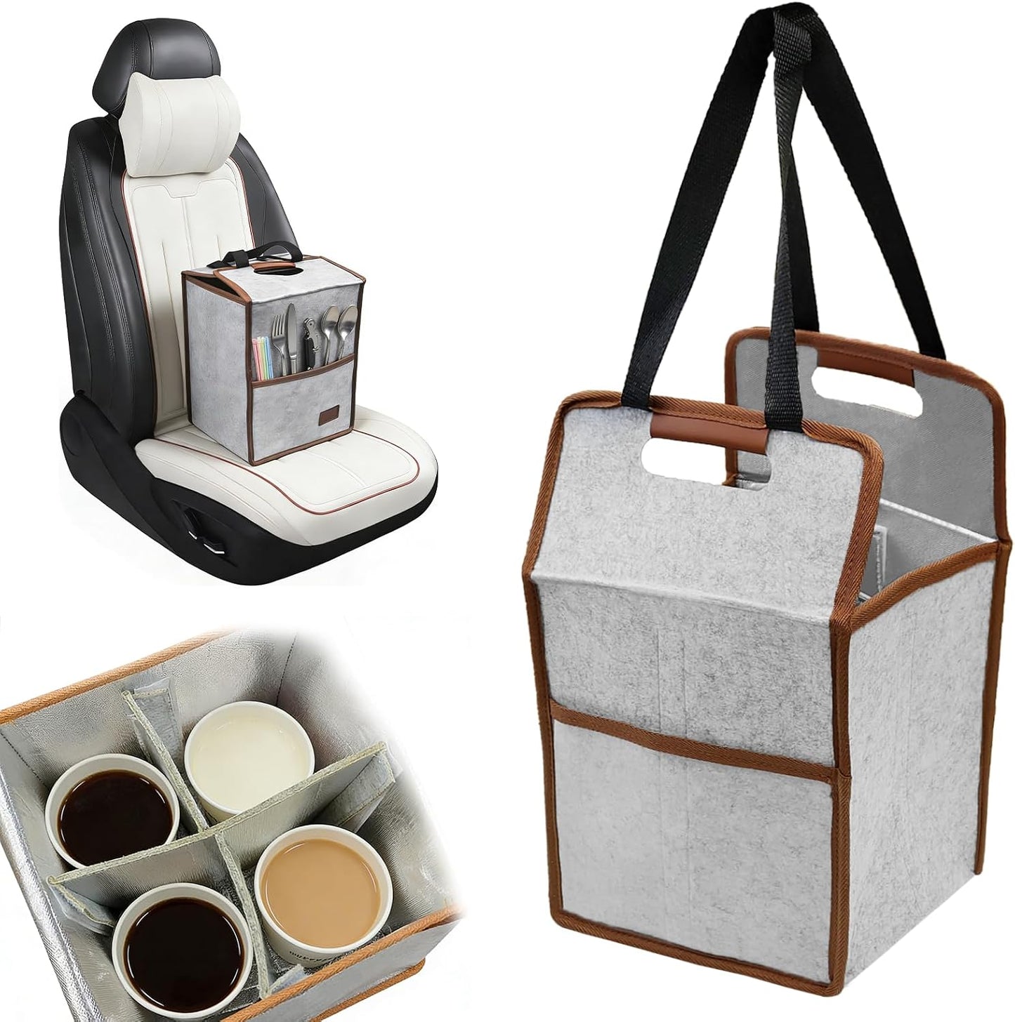 4 Cup Drink Carrier with Handle, Reusable Insulated Cooler Drink Bags for Car Cup Holder,Coffee Carrier Bag with Fixed Dividers, Portable for Car, Travel, Picnic Party, Food Delivery