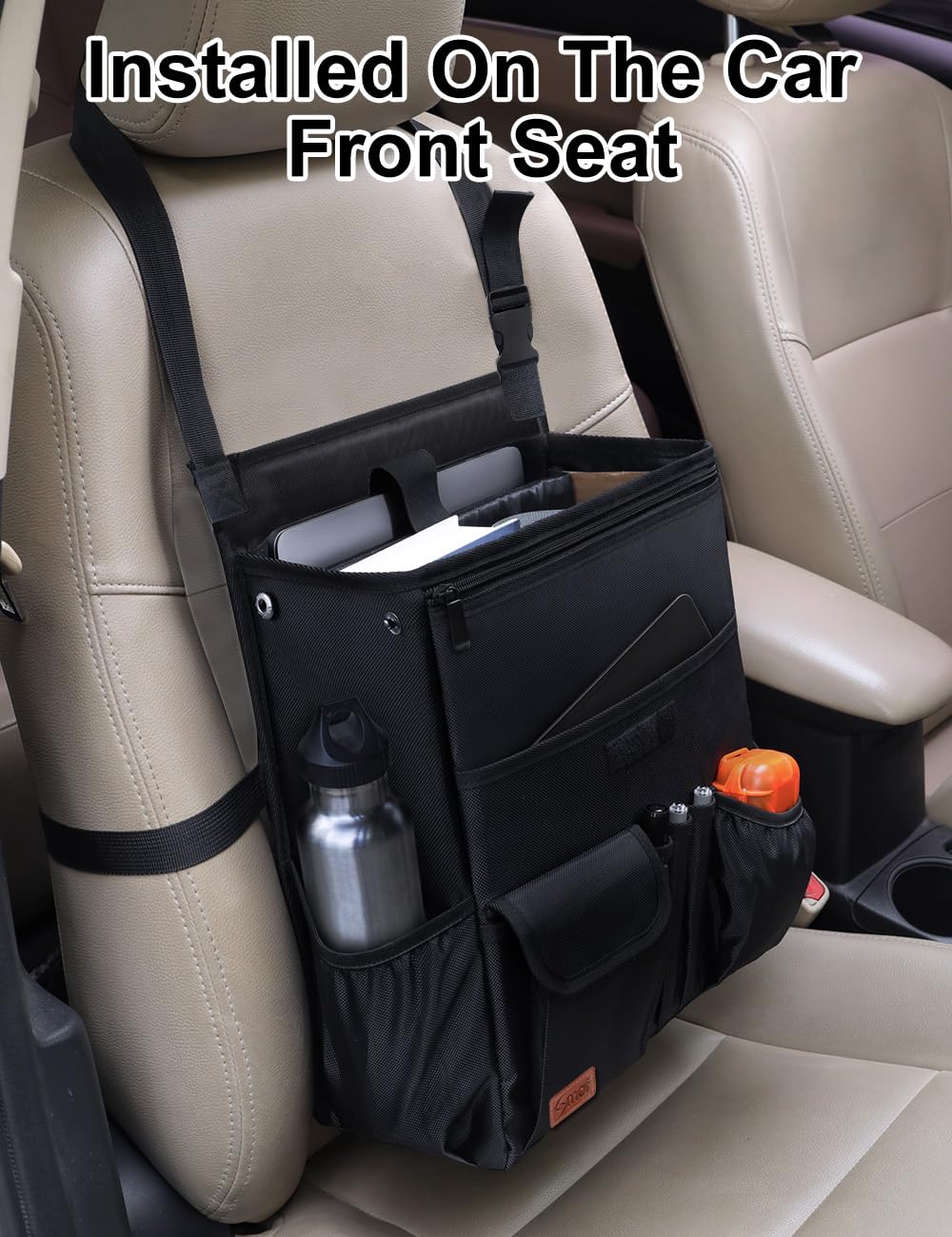 Smof Car Organizer for Front Seat - Hanging Car Seat Storage Organizer for Office/Kids/Truck,Multiple Pockets Car Seat Organizer with Separately Pokect for Laptop, Cup Holde & Travel Accessories