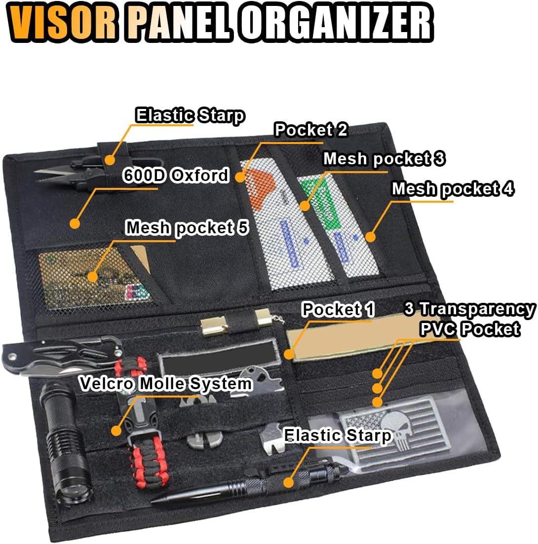 Tactical Molle Car Sun Visor Organizer, Large Molle Visor Panel Storage Pouch Holder, Tactical Gear Truck Storage Shelf, 600D Car Sunshade Storage Bag for Large Vehicle (Black)