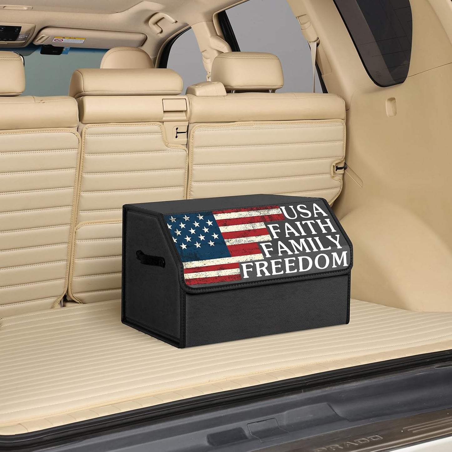 Car Trunk Organizer with Lid, Vintage American Flag USA Print Collapsible Storage Box, Waterproof PU Leather Car Cargo Storage Bin with Handle, Auto Interior Accessories for SUV Truck Vehicle