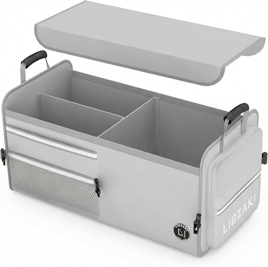 LIBZAKI Car Trunk Storage Organizer, Multi Compartment Collapsible Trunk Storage Box for Car Truck SUV-Gray