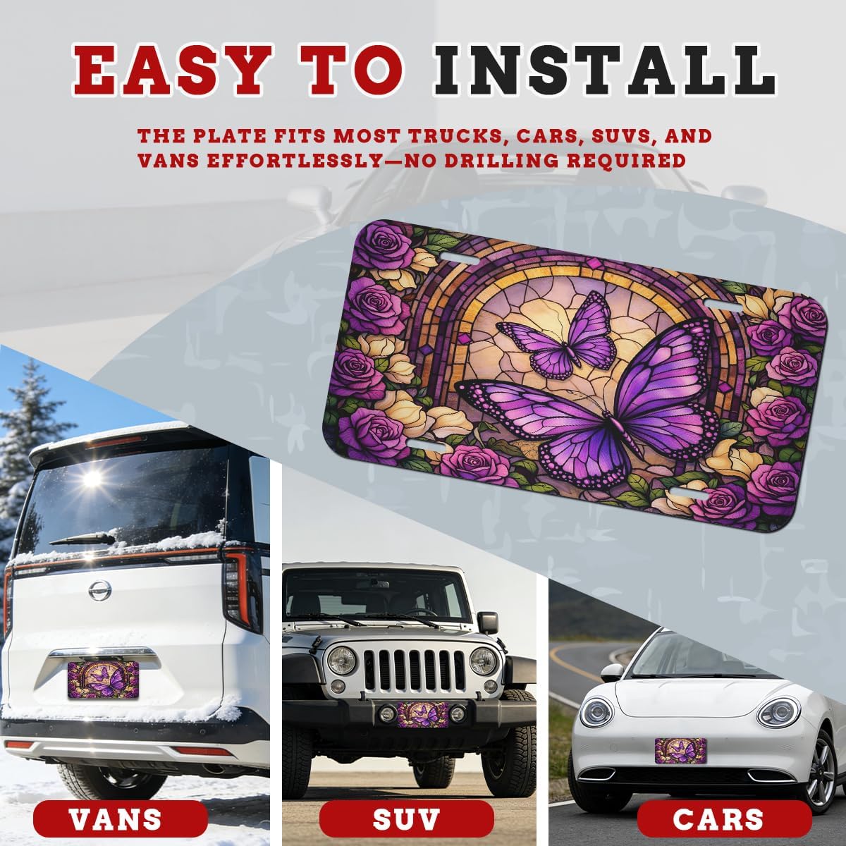 Butterfly Rose Stained Glass Front License Plate Purple Floral Vintage Car Decorative License Plates Aluminum Metal Decor Accessory Novelty Vanity Tag Cover with 4 Holes for Men Women 6" X 12"