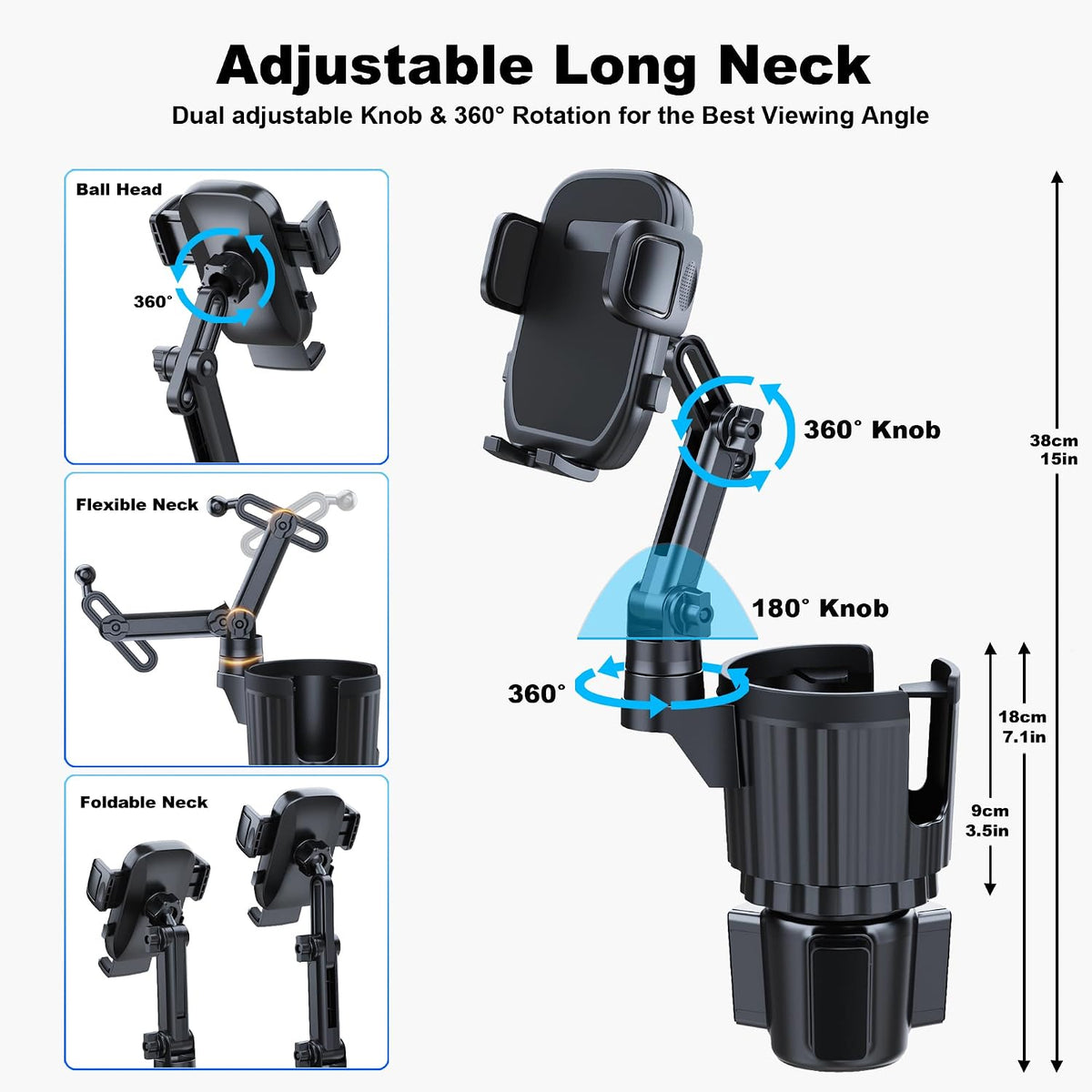 Cup Holder Phone Mount, 2 in 1 Universal Cup Holder Expander with Long Arm 360°Rotation Cup Phone Holder for Car Fits All 4-7” iPhone Galaxy Smartphones and Most Truck Bottles