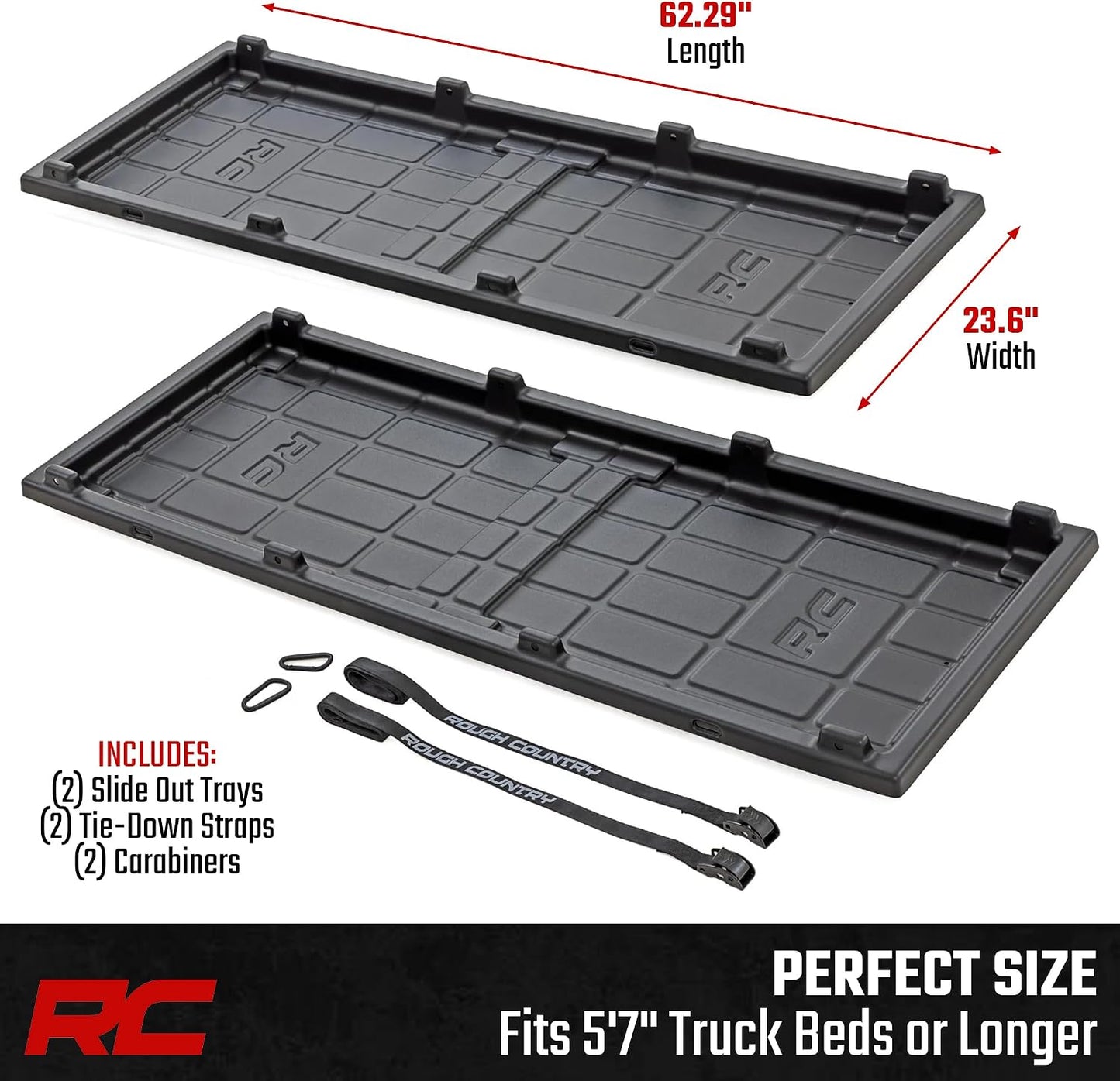Rough Country Slide-Out Truck Bed Cargo Tray - Organizer for 5'7"+ Beds, Heavy-Duty Polyethylene, UV-Protected, Easy Tailgate Access