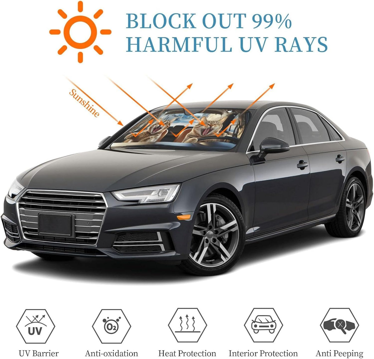 Funny Cat Car Windshield Sun Shade Cute Cats Foldable Sunshades Front Sun Visor Window Shades Cover Automotive Interior Protector Blocks Uv Rays 55" L X 30" W