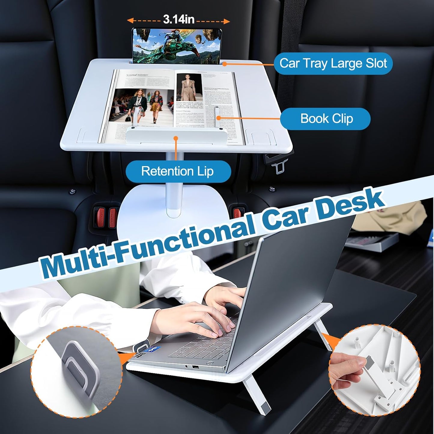 Car Desk for Laptop Passenger Seat- Adjustable Car Seat Tray Table for Work & Eating Universal Lap Desk for Front or Rear Seat