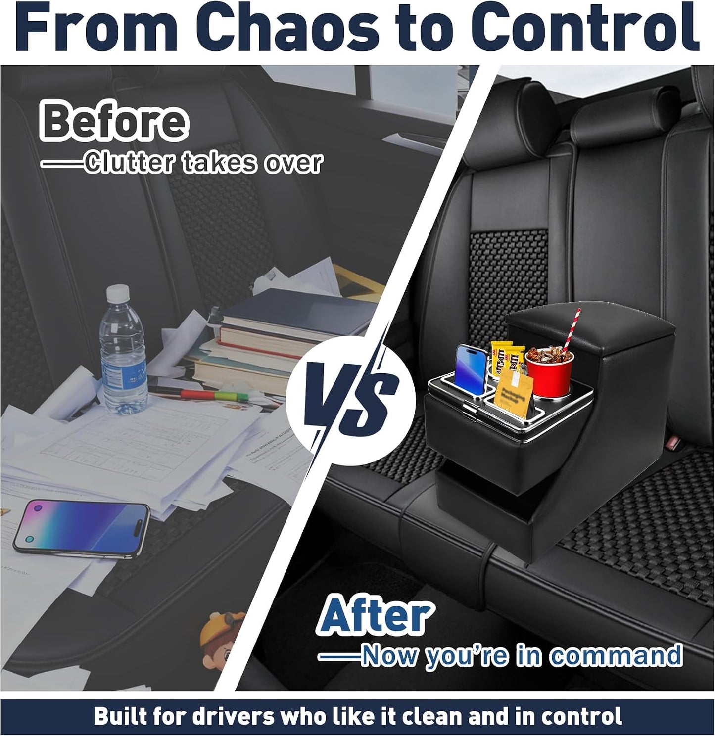 20"L x 9.65"W x 13.78"H, 24L Center Console Between Seats for Minivans, SUVs & Trucks, Floor/Bench Seat Organizer with Locking Hidden Storage, Dual Cup Holders & Armrest, No-Drill Installation